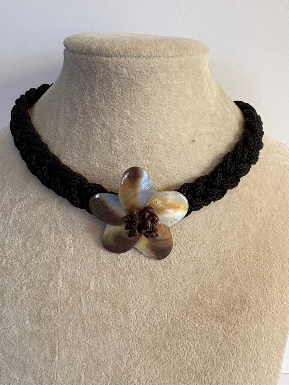 Black Braided Cord Necklace Iridescent Shell Flower Pendant Boho Beach
